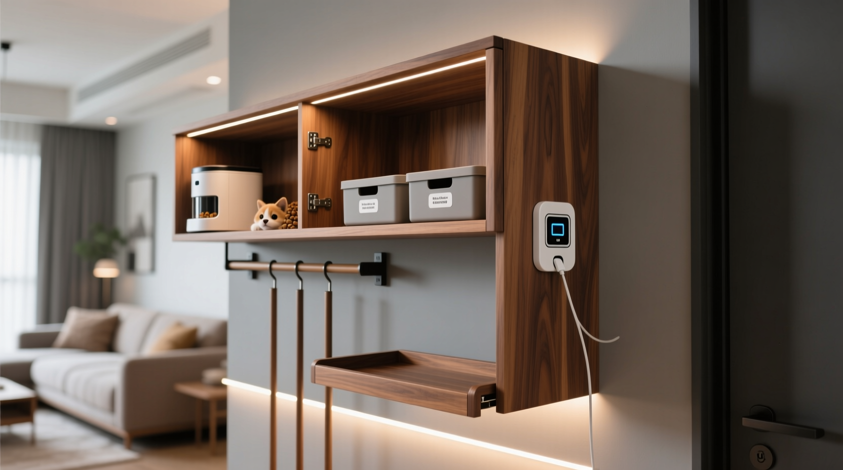 closet island with pet treat storage charging