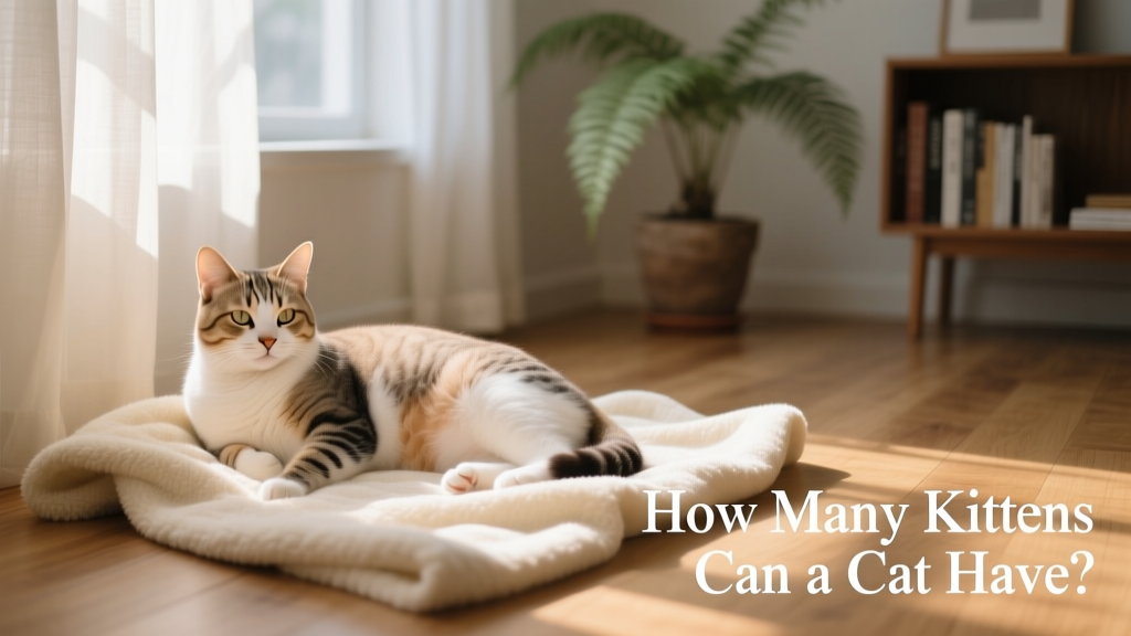 A calm, pregnant domestic cat resting on a soft blanket in a quiet corner of a home