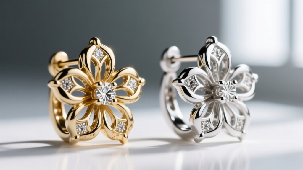 Side-by-side macro of 18k white gold and platinum floral earring settings showing prong thickness and rhodium plating wear