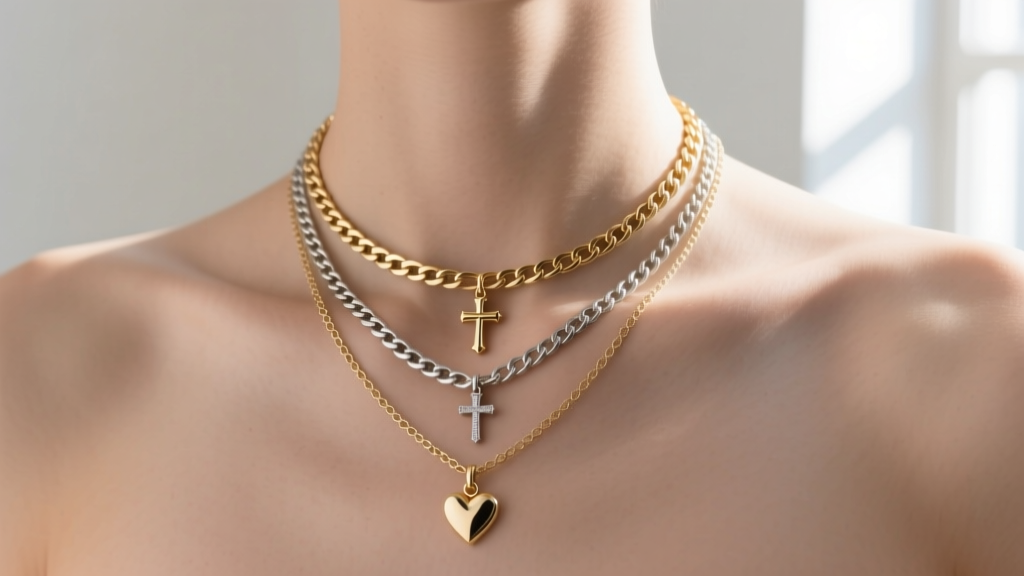 16-inch figaro and 18-inch box chains with cross and heart charms on a collarbone, lit by bright, soft natural window light