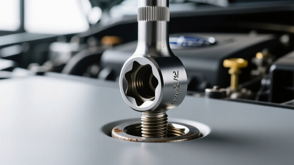 Close-up of a 3/8-inch drive socket removing the rear differential drain plug on a Subaru Outback