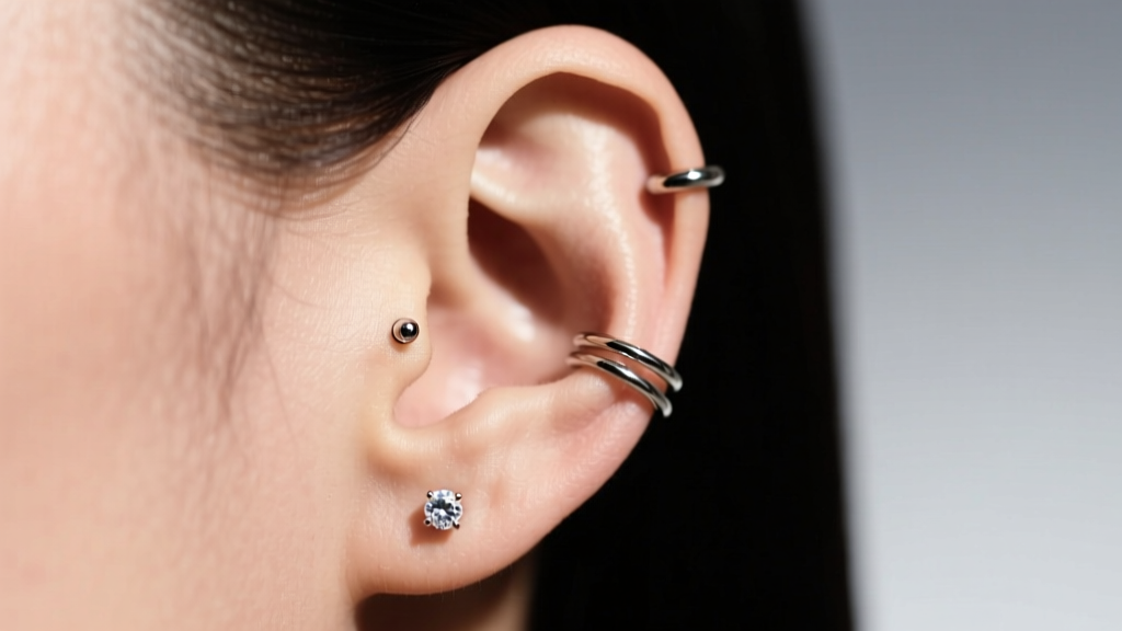 Side profile of an ear with a curated stack showing a 2mm micro stud in forward helix and a 5mm solitaire in the primary lobe.
