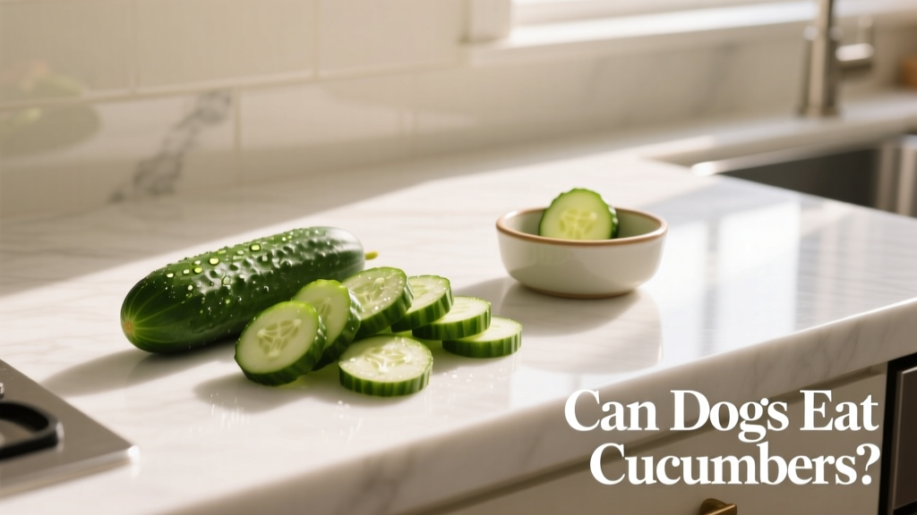 A fresh, whole cucumber next to a few sliced pieces on a clean kitchen counter