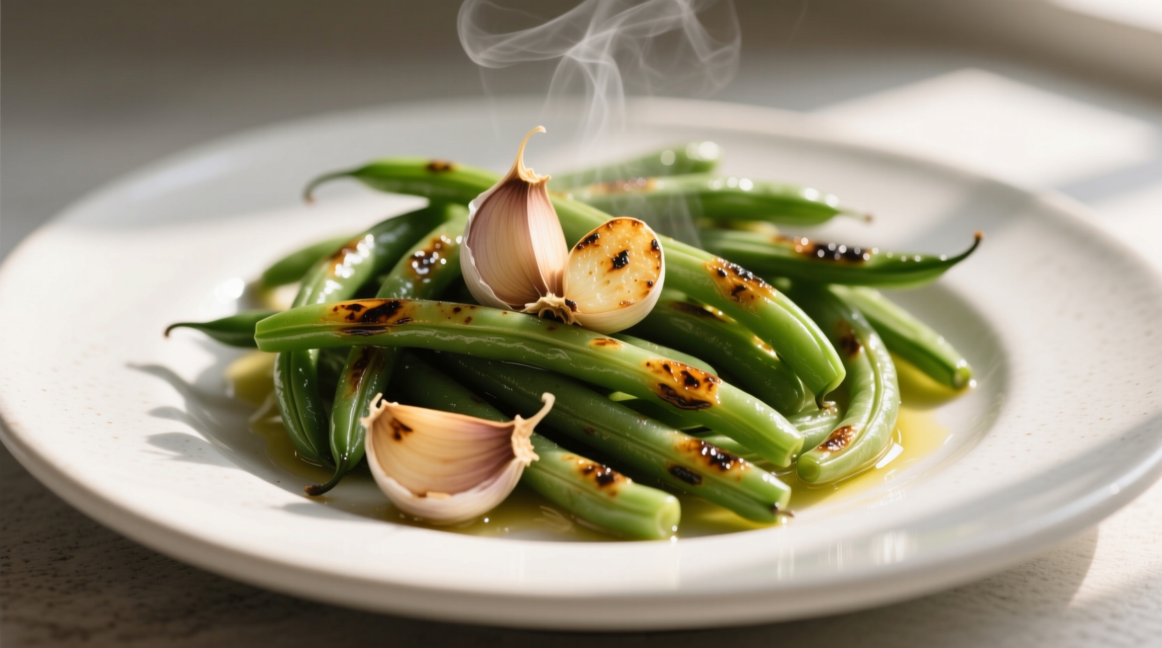 Crisp pan-seared green beans with garlic cloves