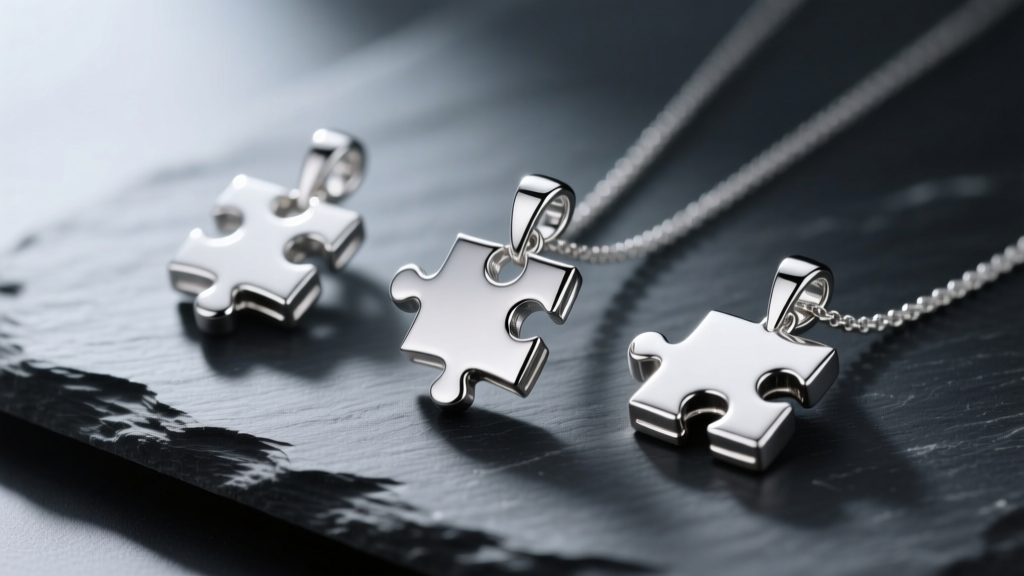 Macro shot of three sterling silver puzzle pendants with rhodium plating, resting on dark slate with soft directional shadows.