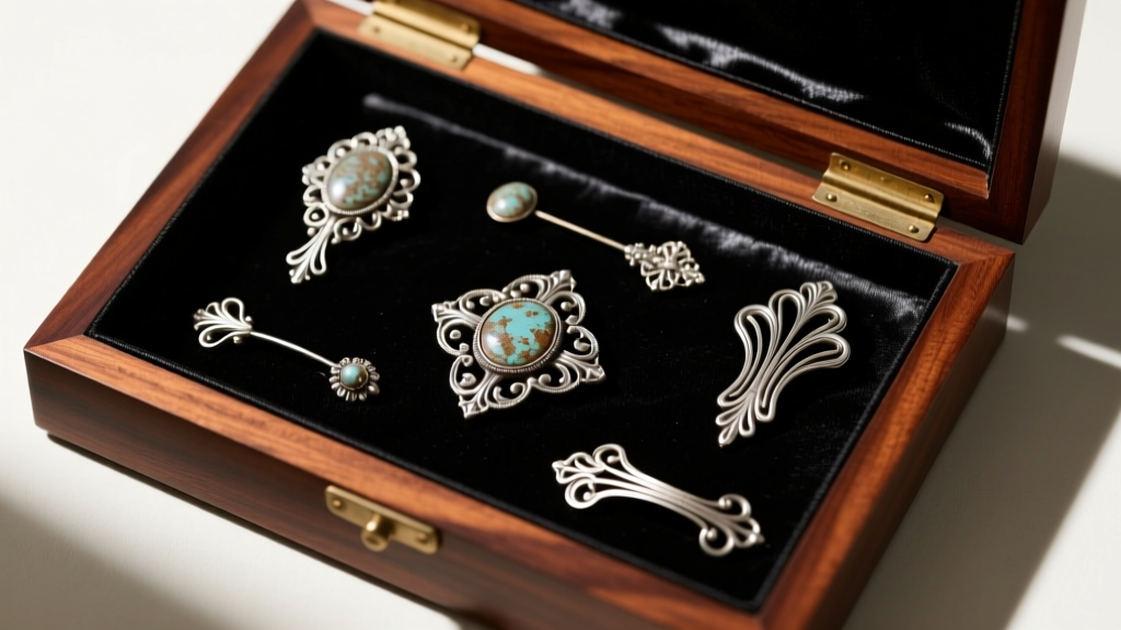 Overhead view of an open mahogany jewelry box lined with black Pacific Silvercloth holding tarnished vintage silver brooches