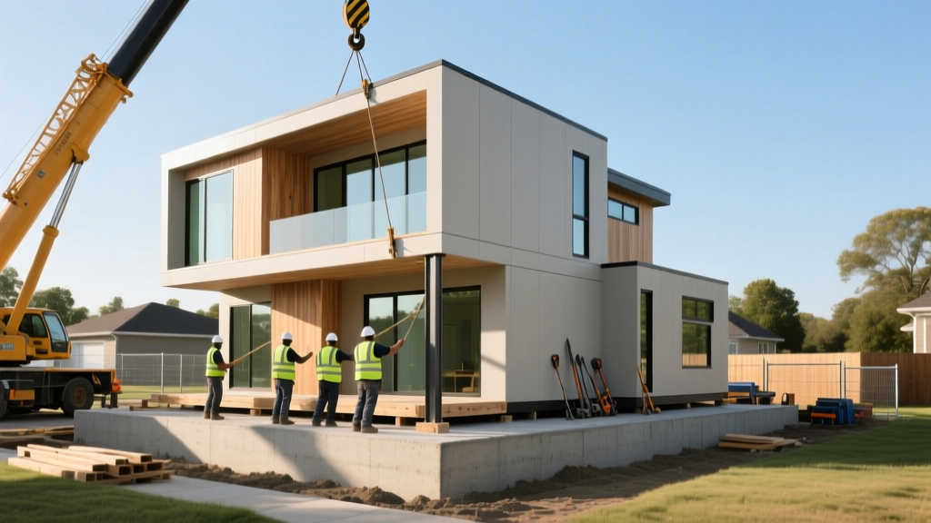 Modern two-story modular home being craned onto a poured concrete foundation with construction crew guiding the sections into place