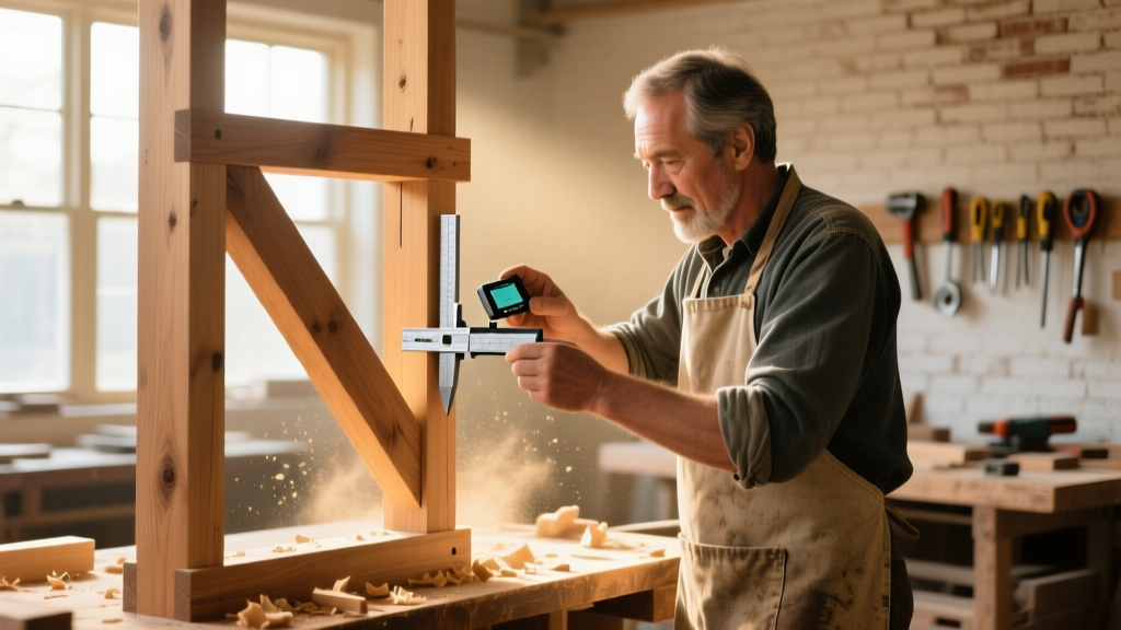 Craftsman inspecting a pegged mortise-and-tenon timber frame joint with a digital angle gauge in a sunlit woodworking shop