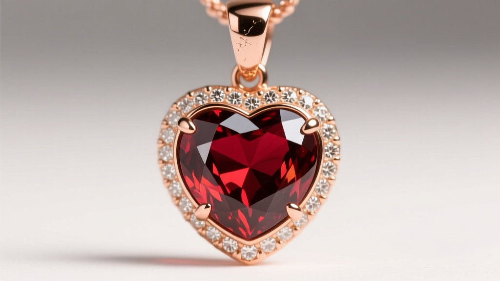 Macro shot of a bezel-set garnet heart pendant in 18k rose gold, showing deep red inclusions and bright light reflection.