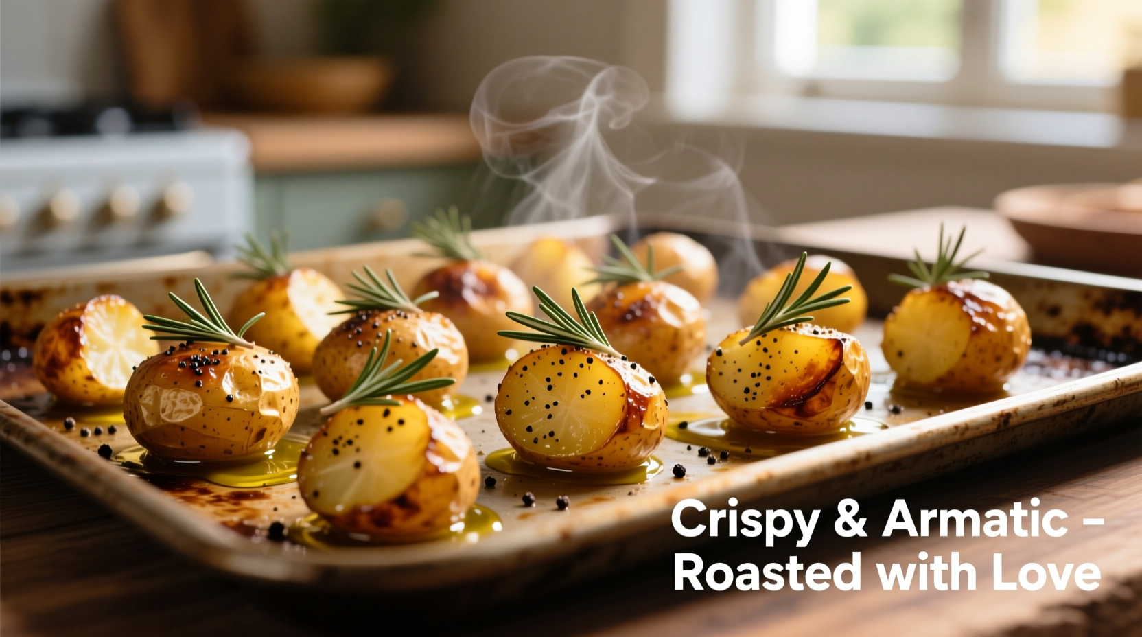 Golden roasted potatoes with rosemary on baking sheet