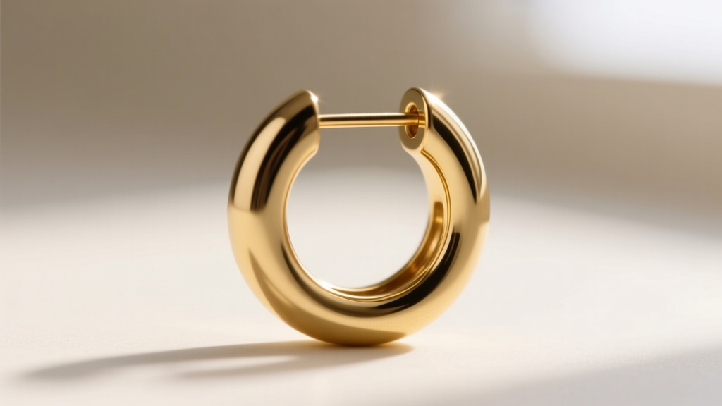 Macro view of a threadless push-pin earring in a 16-gauge gold hoop, showing the bent pin tension mechanism in sharp focus.