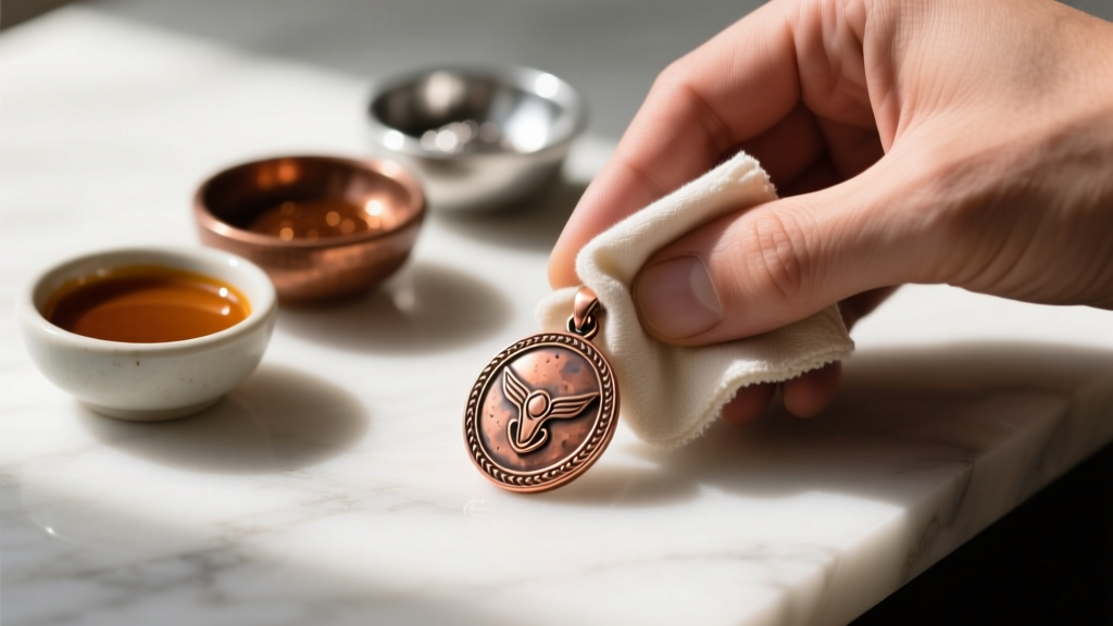 Hands gently wiping a copper Western replica pendant with a microfiber cloth next to small bowls of specialized metal polish.
