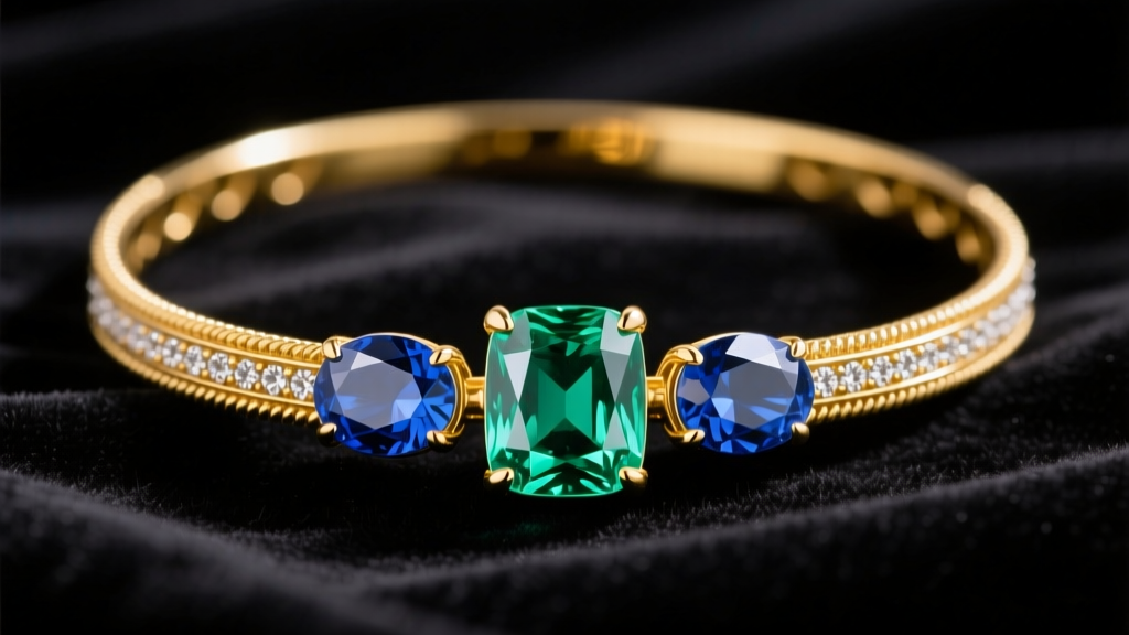 18k yellow gold necklace with a central 2-carat emerald flanked by two oval blue sapphires on dark velvet under soft lighting