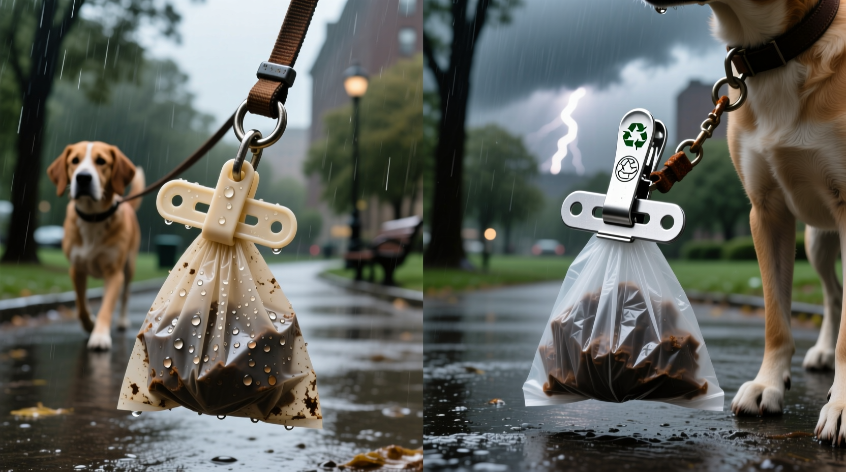 compostable vs aluminum poop bag clips in rain