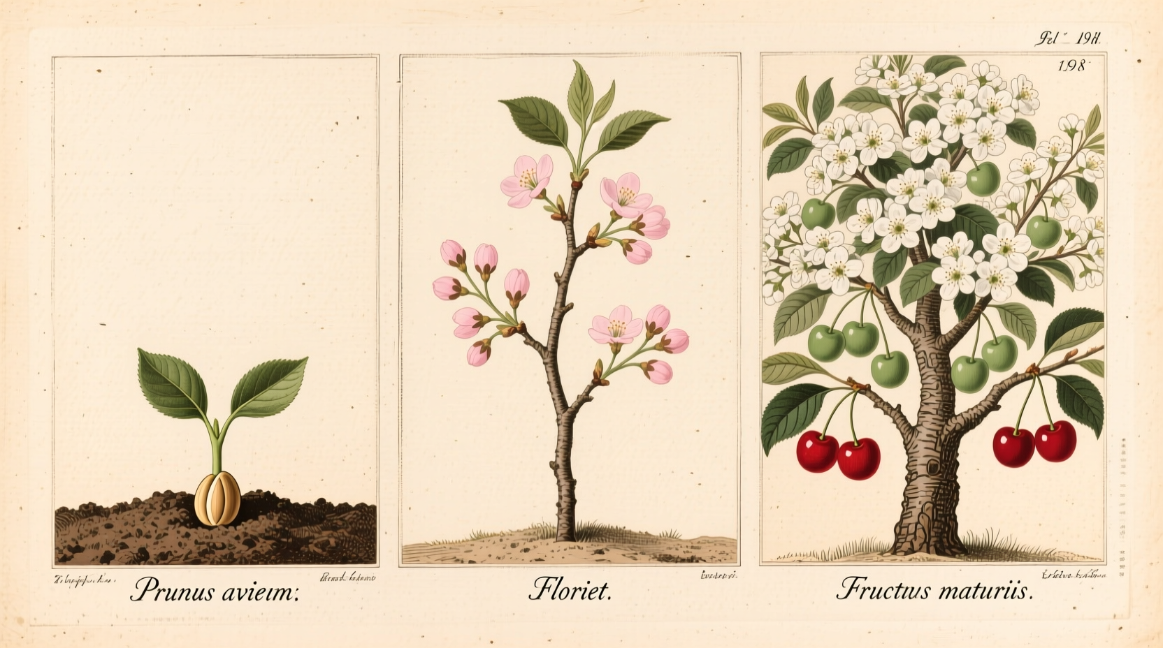 Cherry tree growth stages from seedling to mature fruiting tree