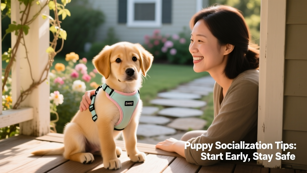A calm, confident 12-week-old puppy sitting attentively beside their owner on a sunlit porch, wearing a lightweight harness