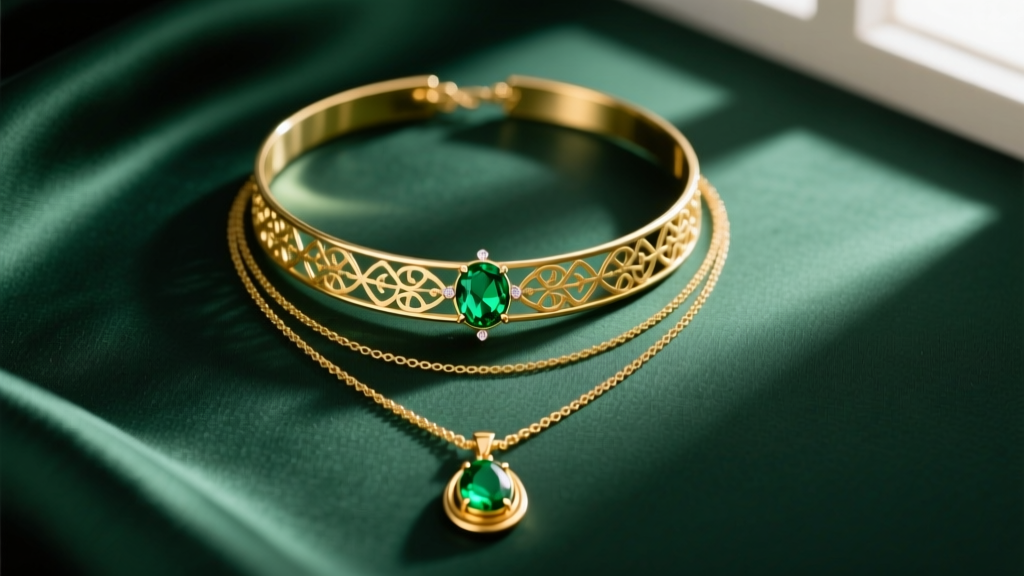 Flat lay of layered necklaces with a gold choker, mid chain with a green peridot stone, and long gold pendant on dark green silk