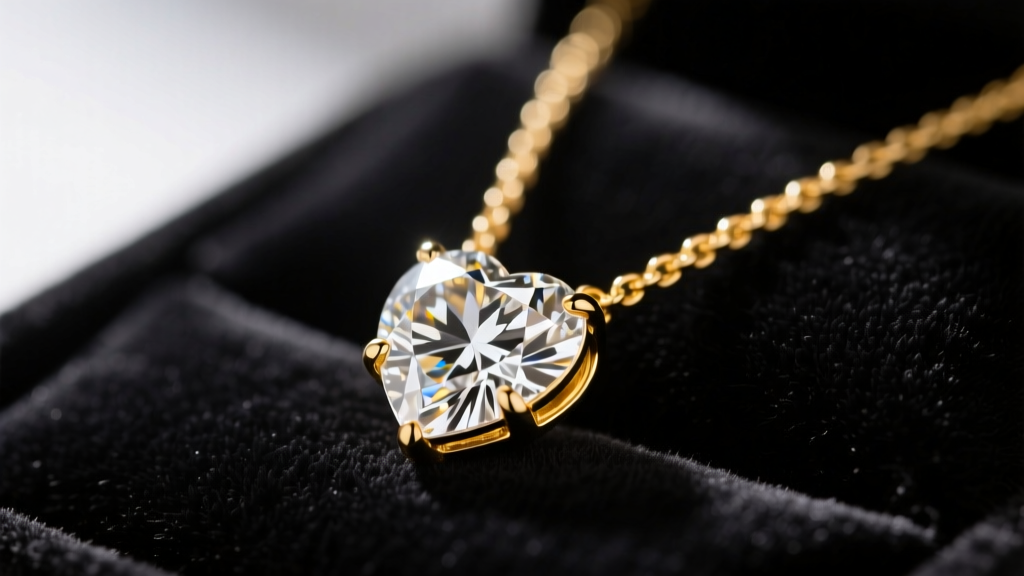 Close-up of a 14k yellow gold diamond heart necklace on dark velvet, lit by soft directional light to highlight the diamond facets.