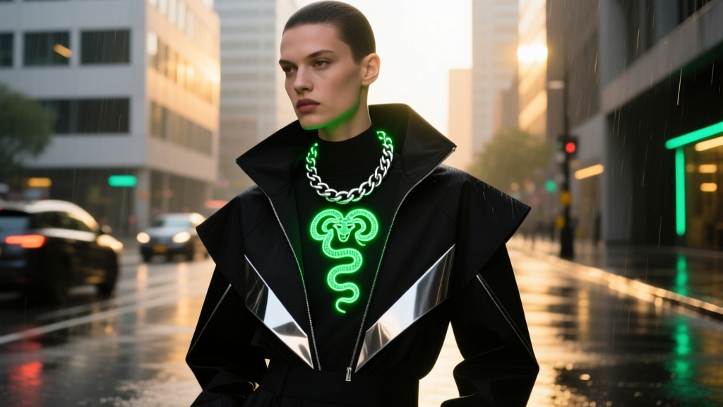Model in black techwear jacket layered with a glowing green LED Medusa necklace and thick silver curb chain, urban street style.