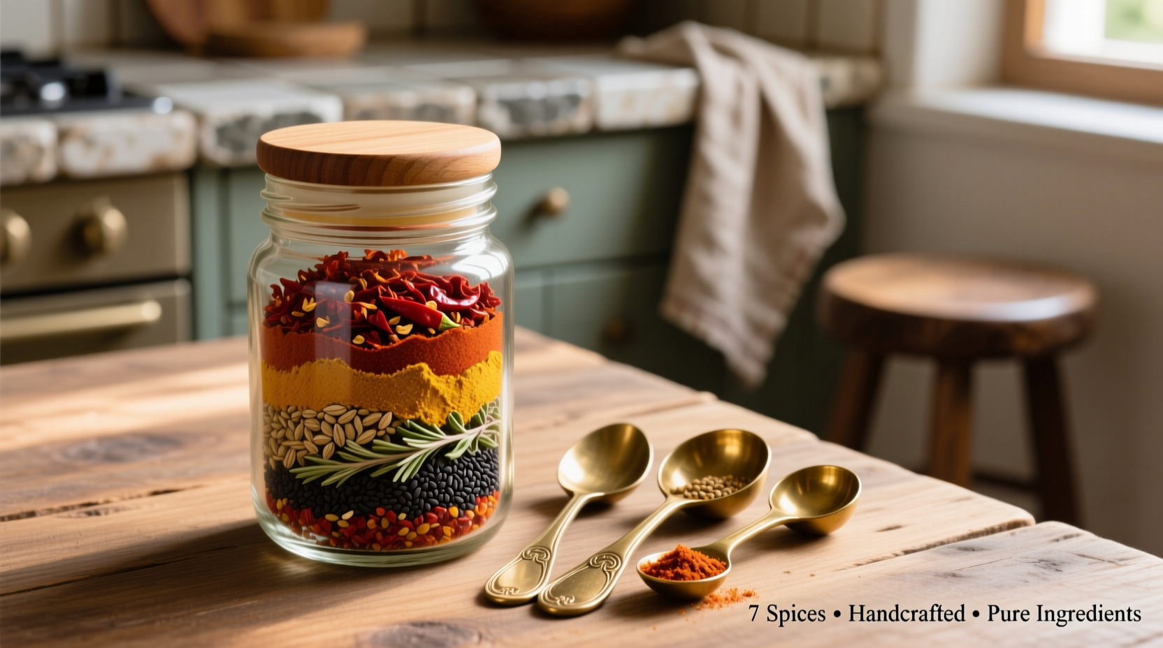 Homemade seven spice blend in glass jar with measuring spoons