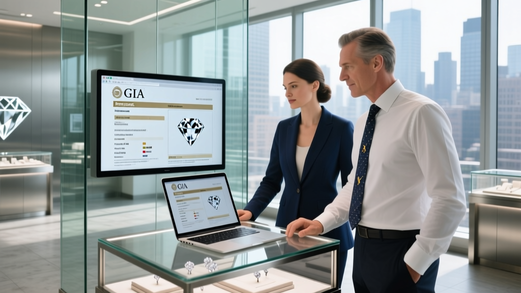 Customer and jeweler viewing the GIA Report Check website on a laptop inside a brightly lit, glass-enclosed diamond exchange booth