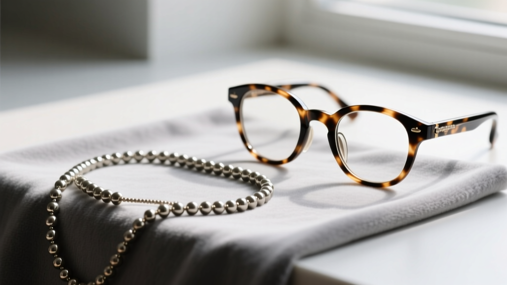 Beaded eyeglass chain resting on a grey microfiber cloth next to tortoiseshell reading glasses in soft natural window lighting