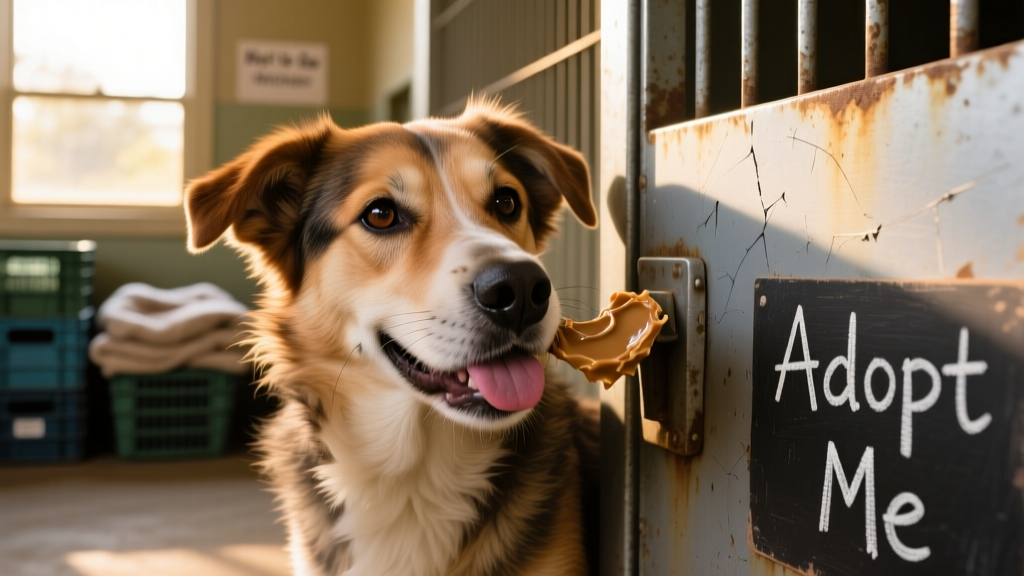 Close-up of a smiling shelter dog licking peanut butter off a kennel door while looking directly at the camera