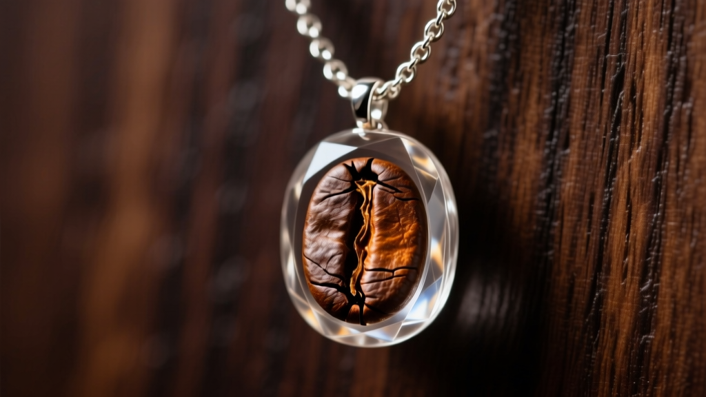 Macro shot of a roasted coffee bean encased in clear jewelry-grade resin, hanging from a thin sterling silver chain on dark wood