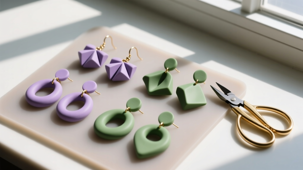 Overhead view of raw polymer clay earrings in digital lavender and matcha green resting on a silicone mat with brass cutters