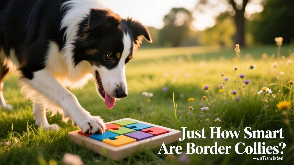 A Border Collie solving a puzzle toy outdoors, tongue out in concentration, paws gently manipulating a sliding panel