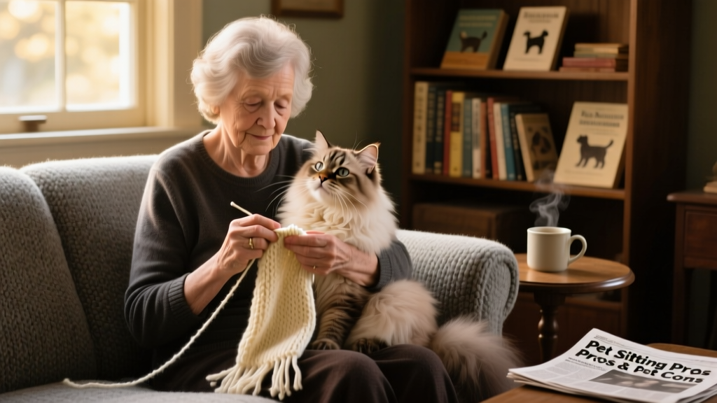 An older woman knitting on a gray couch while gently cradling a fluffy, long-haired cat looking up at her with calm eyes