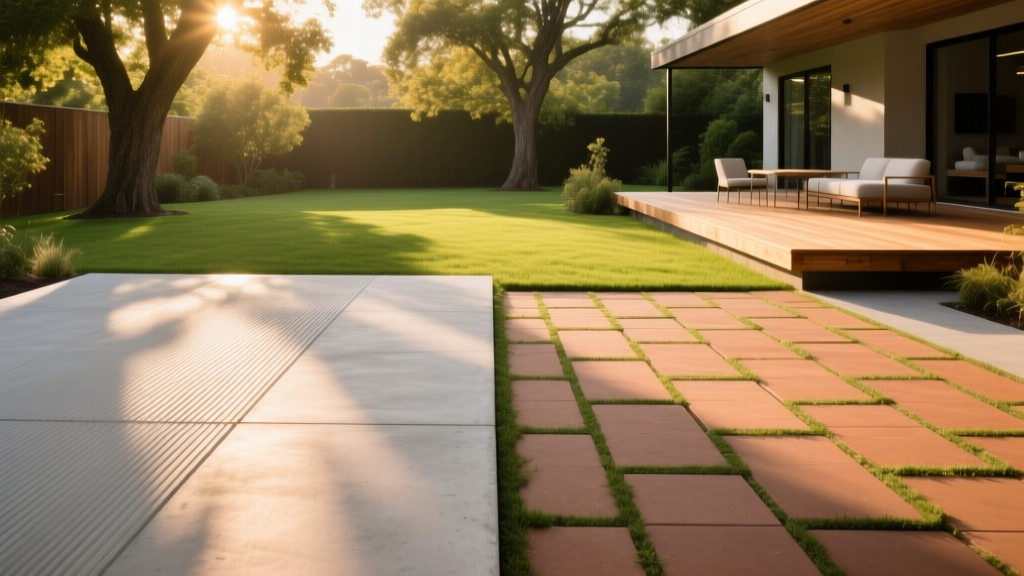 Poured concrete patio with broom finish on left contrasting with interlocking concrete pavers on right in a sunny landscaped backyard