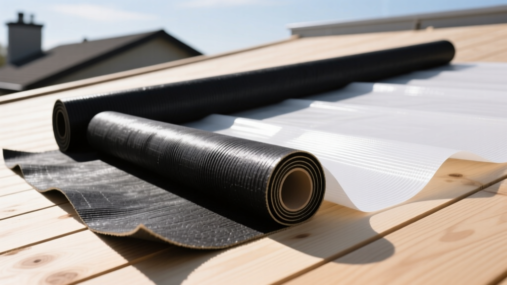 Close-up of overlapping rolls of black asphalt-saturated felt paper and white synthetic building wrap being unrolled on plywood roof decking