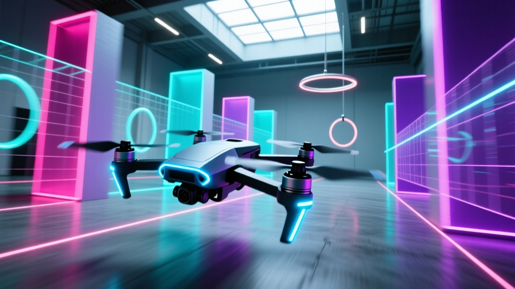 First-person-view racing drone with glowing LED propellers navigating through a neon-lit indoor obstacle course at high speed