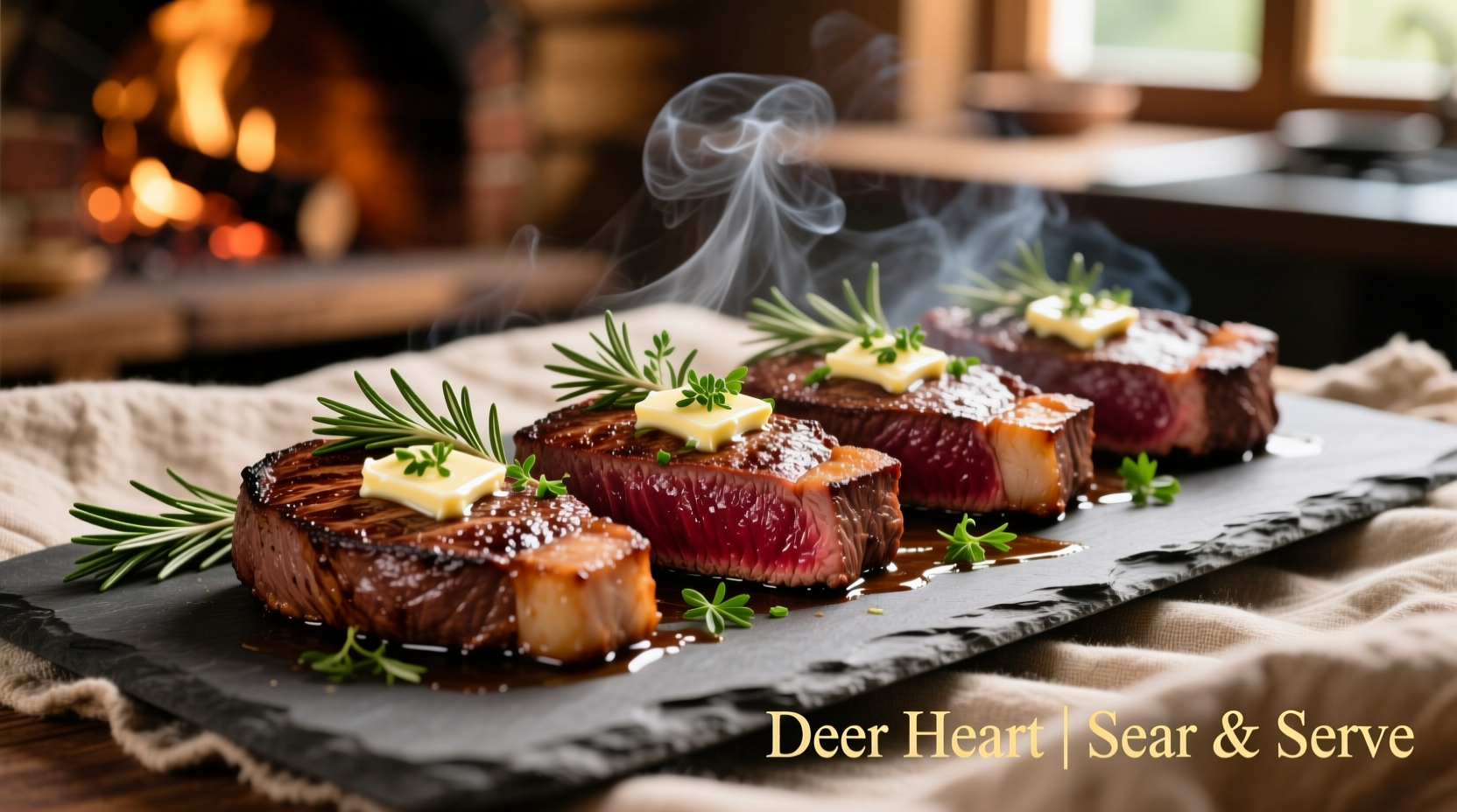 Perfectly seared deer heart steaks with herb butter