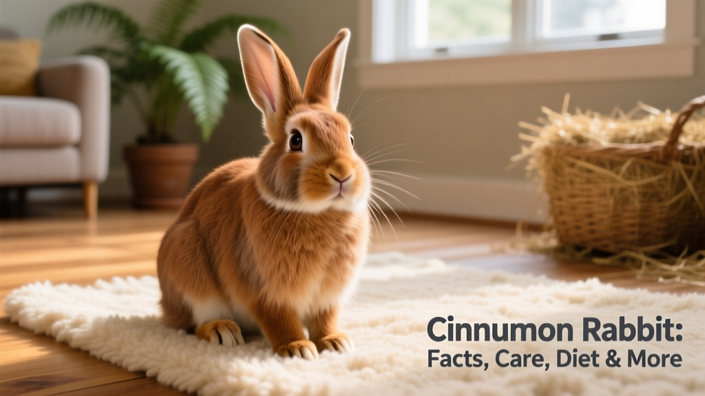 A friendly Cinnamon rabbit sitting on a soft rug, showing its rich chestnut-colored fur and expressive eyes
