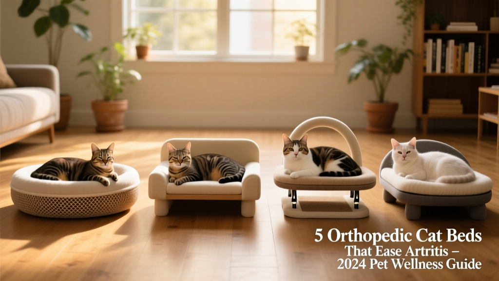 Side-by-side comparison of five orthopedic cat beds showing different shapes, materials, and support features
