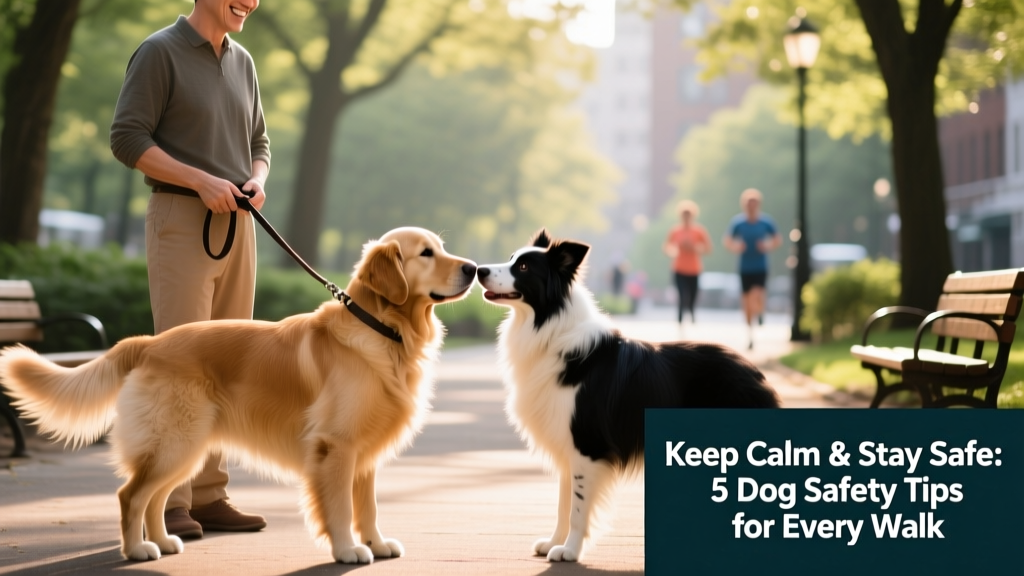 Two dogs meeting calmly at a park, with their owners nearby and leashes held loosely