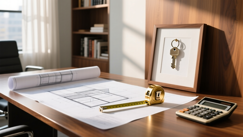 Architectural blueprints unrolled on a wooden desk next to a brass tape measure, calculator, and framed house keys in sunlit office