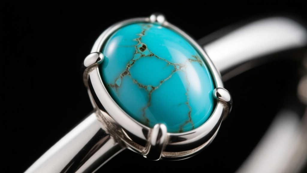 Close-up of a bezel-set turquoise cabochon in oxidized silver, showing the smooth metal rim protecting the stone edges