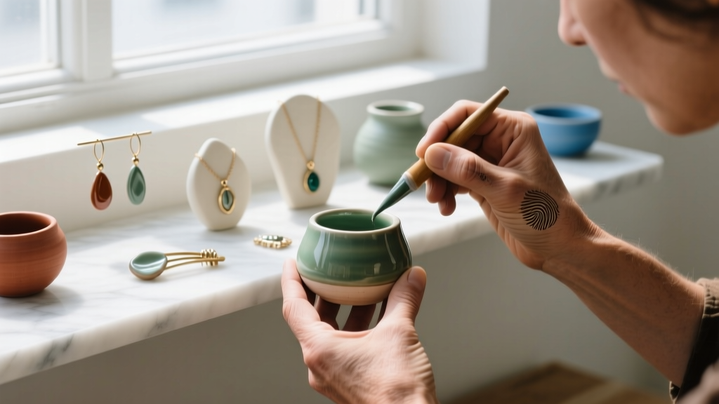 Artisan hands glazing a stoneware handmade earring holder in a bright studio, surrounded by finished ceramic jewelry displays.
