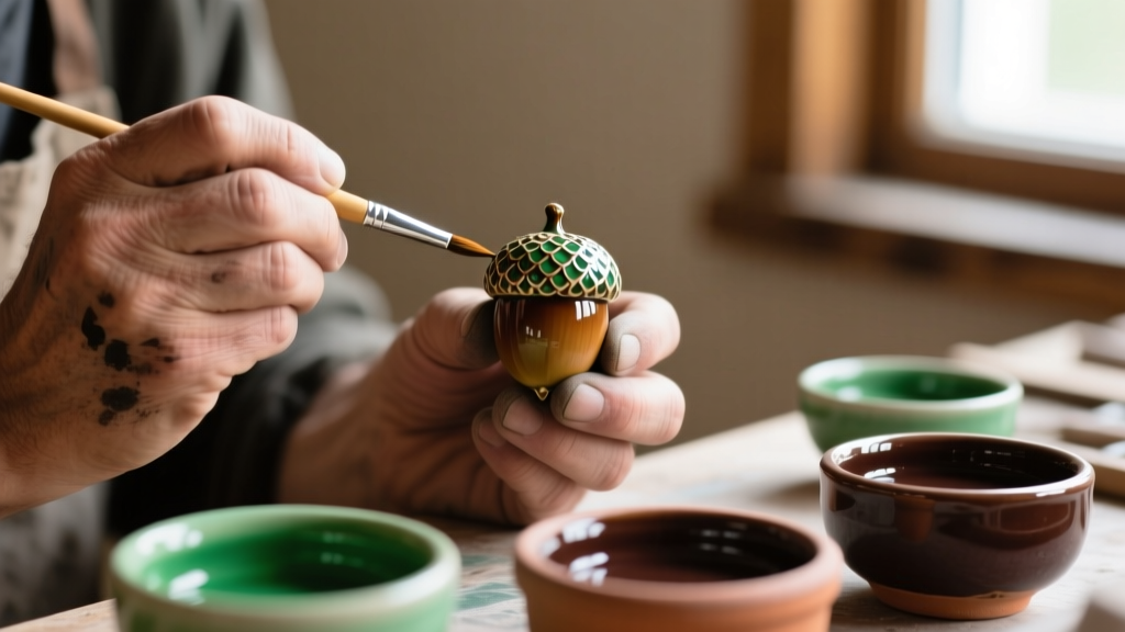 Close-up of an artisan painting a vitreous enamel acorn cap with a fine brush, alongside small pots of green and brown enamel