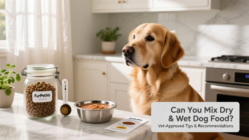Side-by-side comparison of FurPetVo dry kibble and FurPetVo wet food in a clean kitchen setting, with measuring scoop and feeding guide visible