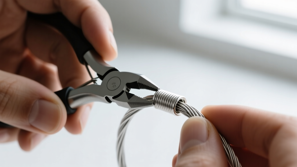 Jeweler using a crimper tool to compress a 2mm sterling silver crimp tube over 49-strand stainless steel beading wire.