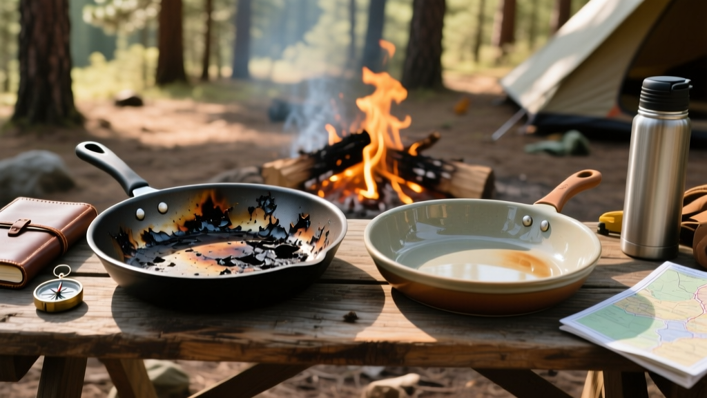 Burn marks on Teflon versus Caraway ceramic skillet after direct campfire flame exposure during an overlanding car camping trip
