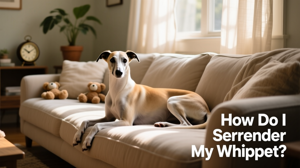 A Whippet comfortably settled in a cozy, sunlit living room with soft bedding and toys nearby