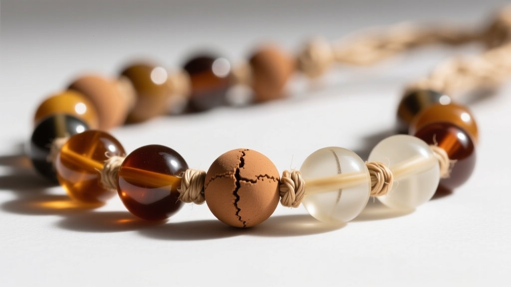 Macro photography of authentic Krobo powder glass beads showing slight mold seams and matte finish, strung on natural raffia fiber.