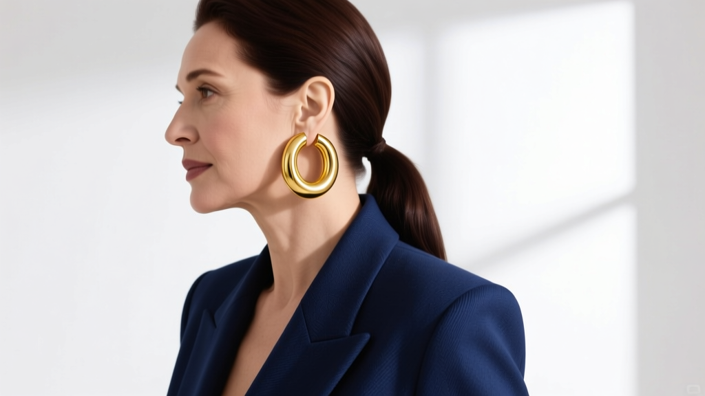 Woman in a tailored blazer wearing thick 18k yellow gold tube hoops, shot from a side profile against a clean minimal background.