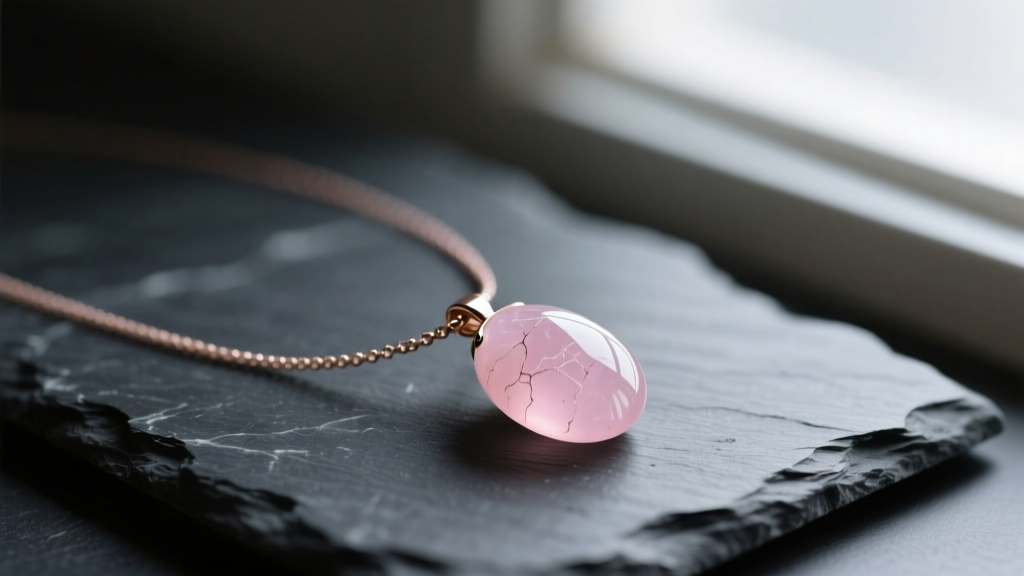 Faded rose quartz pink pendant necklace on dark slate, showing dullness and micro-scratches on the polished cabochon surface.