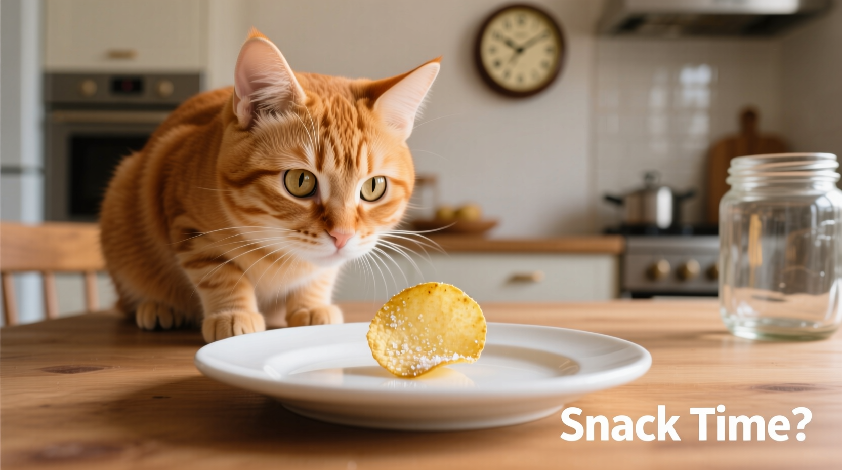 Cat looking curiously at potato chip on table